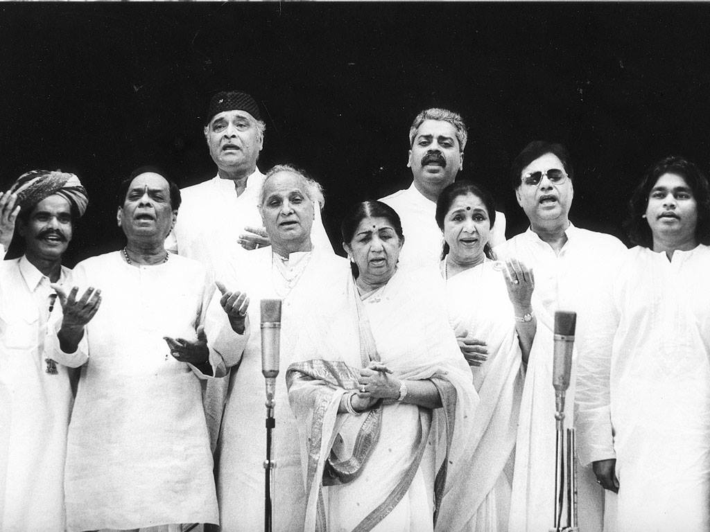 Saddiq Khan Langa, DR.M.Balamuralikrishna, Dr.Bhupen Hazarika, Pandit Jasraj, Lata Mangeshkar, Hariharan, Asha Bhosle, Jagjit Singh and A.R.Rahman singing the indian national anthem Jana Gana Mana.